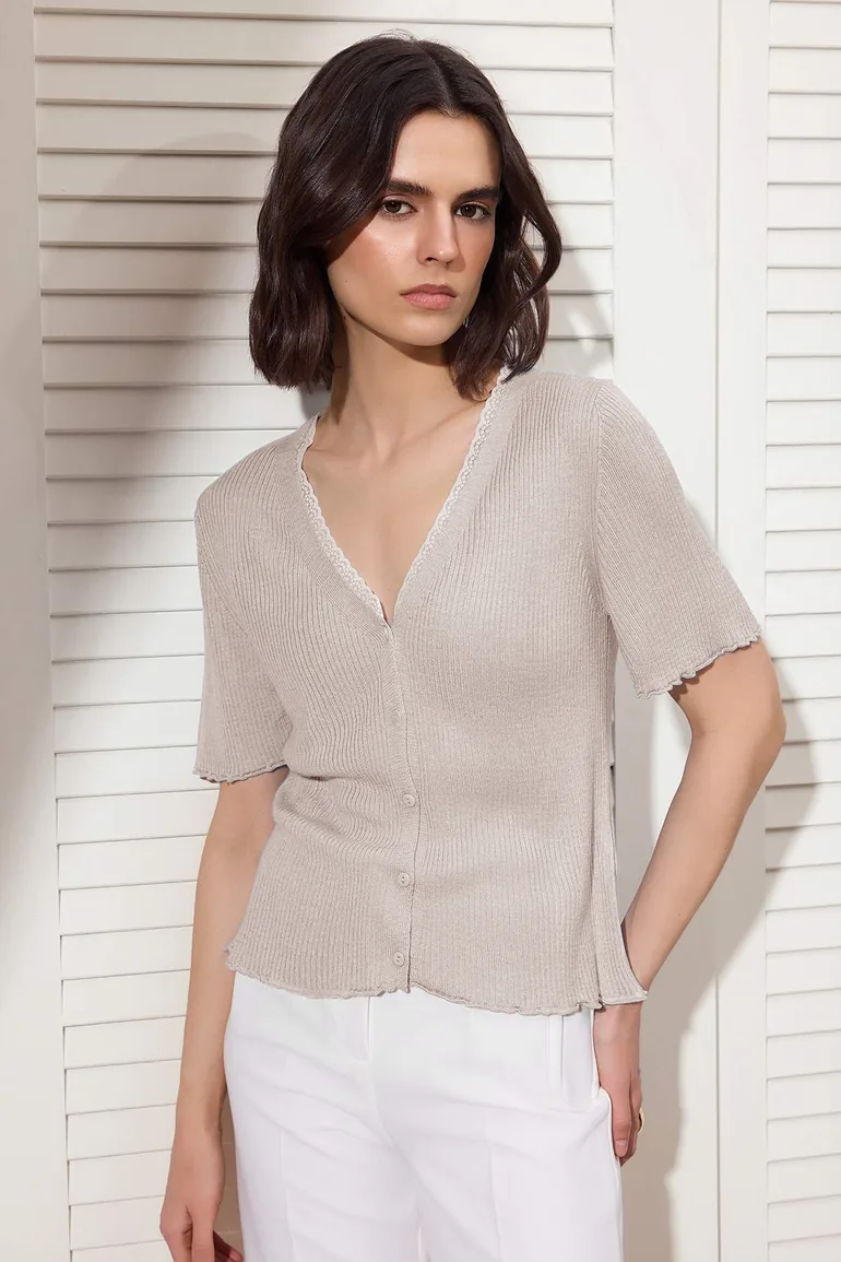 Stone V-Neck Lace Detailed Color Block Fitted Slim Knitwear Blouse - 4