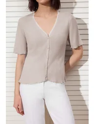 Stone V-Neck Lace Detailed Color Block Fitted Slim Knitwear Blouse - 5