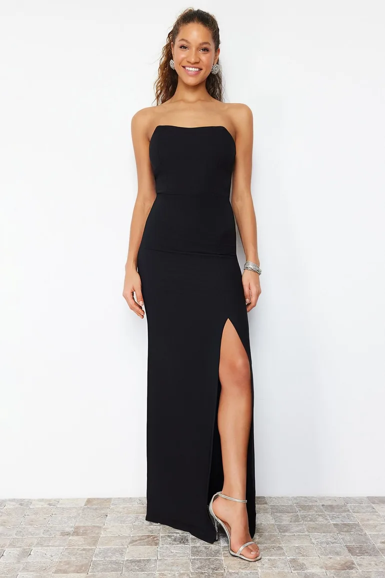 Black Strapless Column Maxi Slip Dress