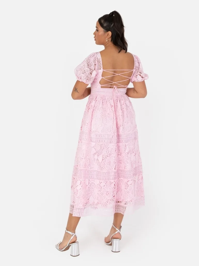 Maya Pink Premium Floral Lace Midi Dress with Lace Up Back - 1