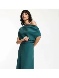 Midi Dress with Asymmetric Draped Collar - 1