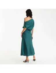 Midi Dress with Asymmetric Draped Collar - 3