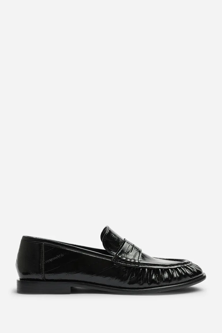Charleigh Wide Fit Ruched Detail Flat Penny Loafers in Black Eel - 2