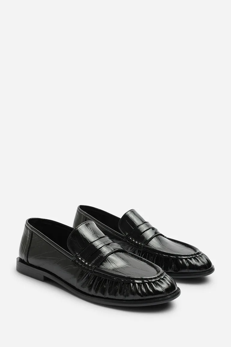 Charleigh Wide Fit Ruched Detail Flat Penny Loafers in Black Eel - 4