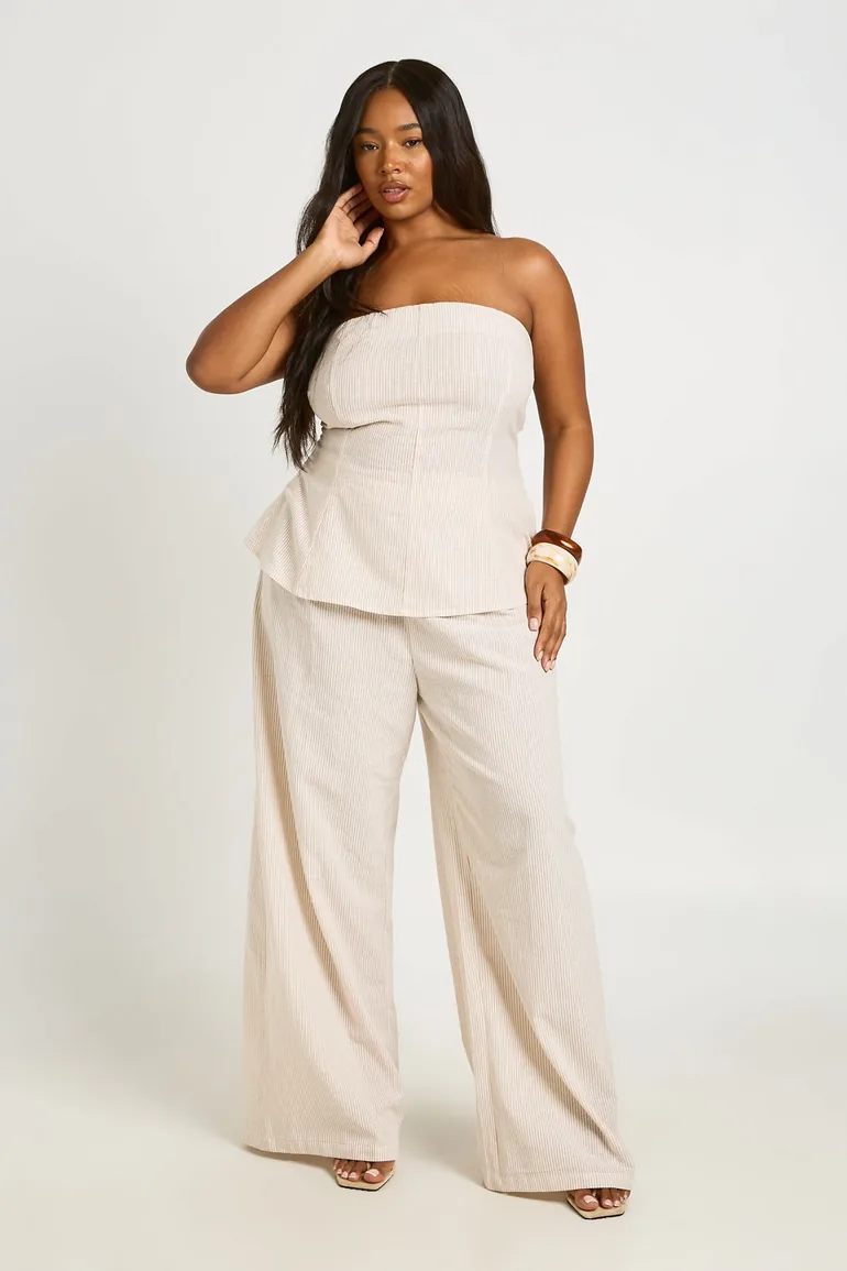 Plus Stripe Linen Look Bandeau Longline Top And Extreme Wide Leg Trouser Co Ord - light brown - 2