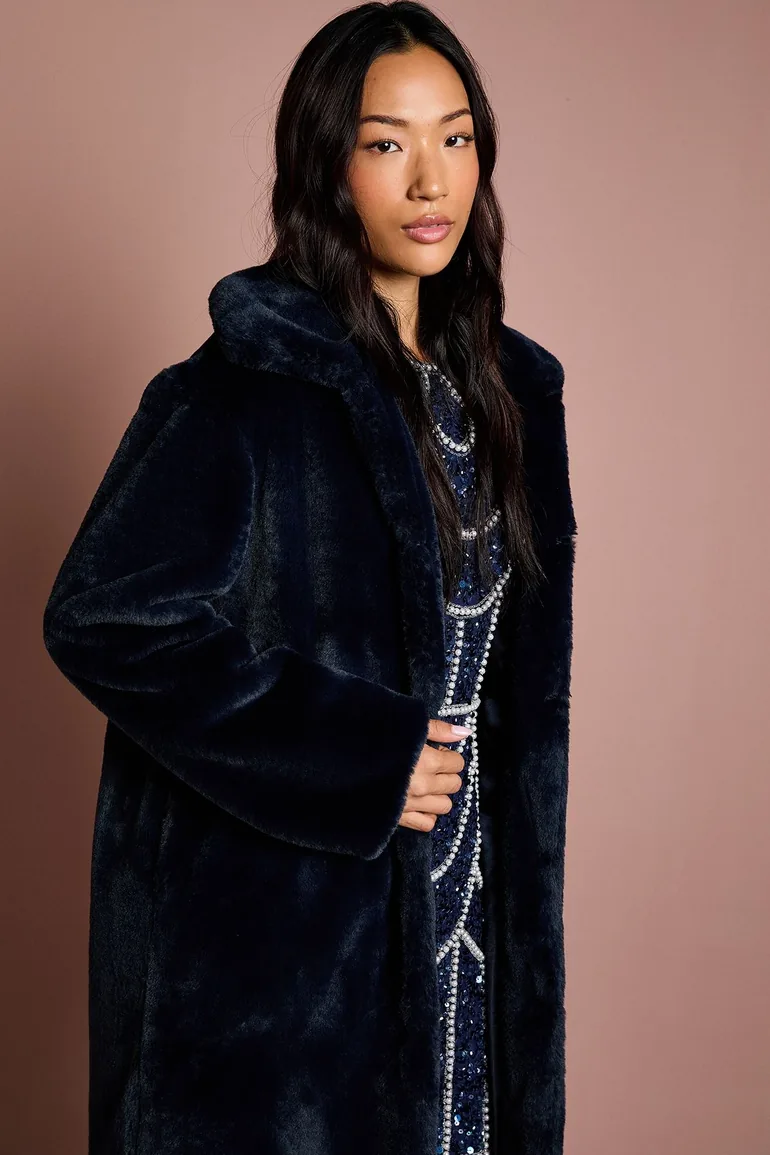 Navy Faux Fur Longline Collared Coat - 3