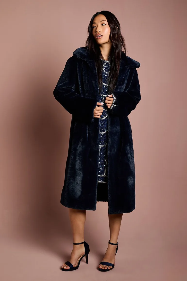 Navy Faux Fur Longline Collared Coat