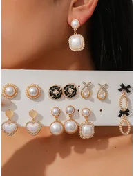 Set of 7 - Faux Pearl Embellished Earrings - 1