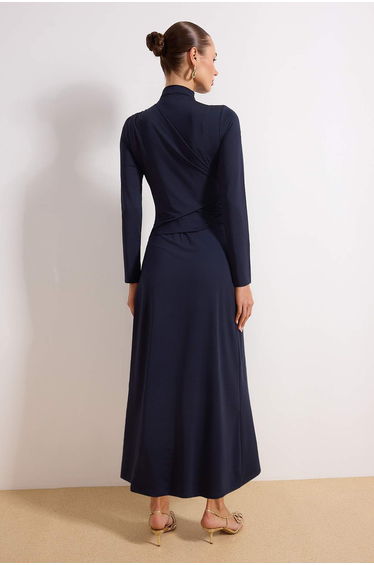 Navy Blue Unlined Plain Knitted Buckle Detailed Sandy Hijab Dress product thumbnail 4