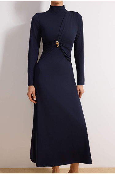 Navy Blue Unlined Plain Knitted Buckle Detailed Sandy Hijab Dress product thumbnail 3
