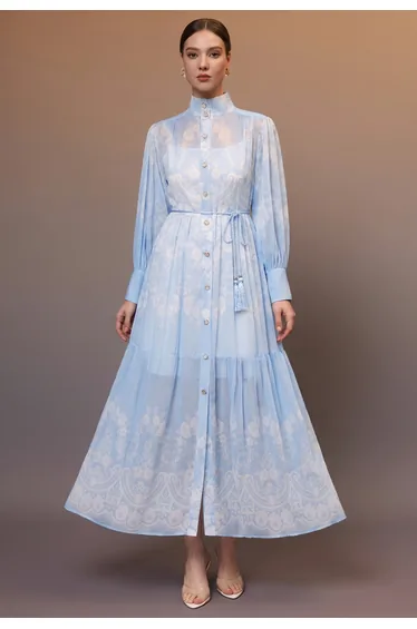 Sky Blue Floral High Neck Belted Chiffon Dress for Brunch Dates & Seaside Trips
