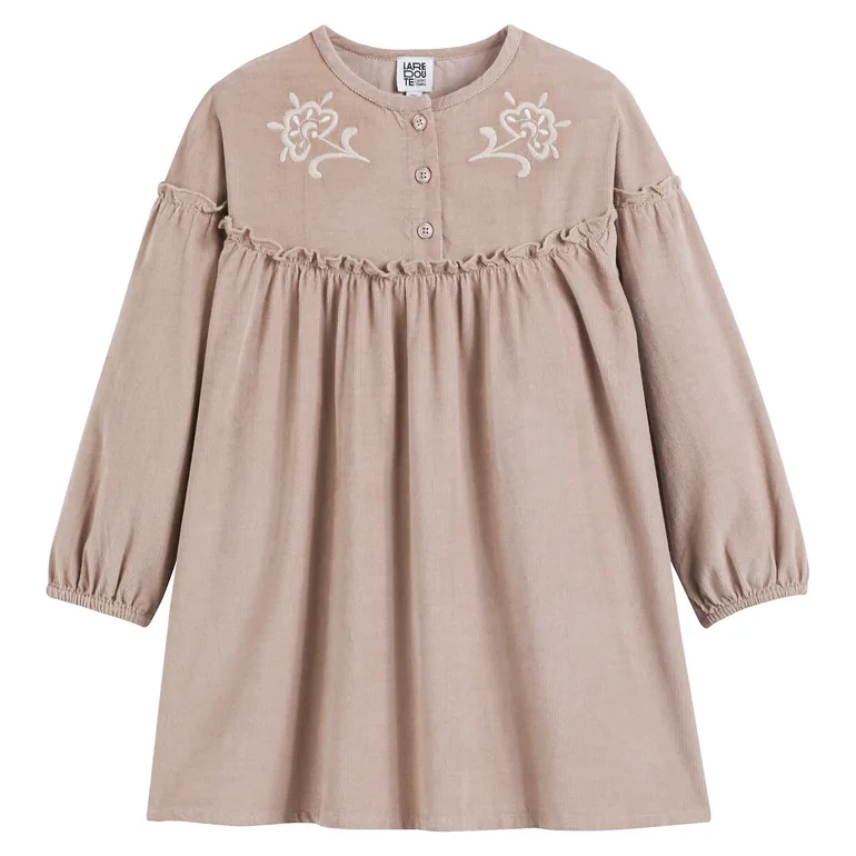 Needlecord Embroidered Dress with Long Sleeves