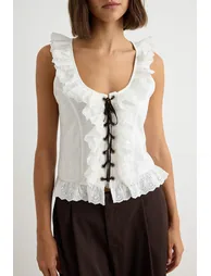 Ecru Plain Regular Pool Collar Lace Detailed Sleeveless 100% Cotton Knitted Blouse - 2