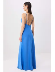 Blue Plain Woven Satin Maxi Evening Dress & Graduation Dress - 3