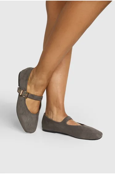 Wide Fit Buckle Detail Mary Jane Ballet Flats - grey