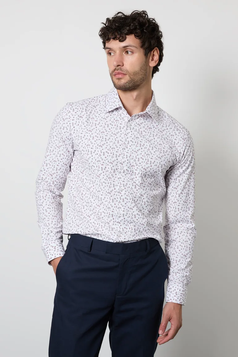 White Micro Floral Print Slim Fit Long Sleeve Shirt