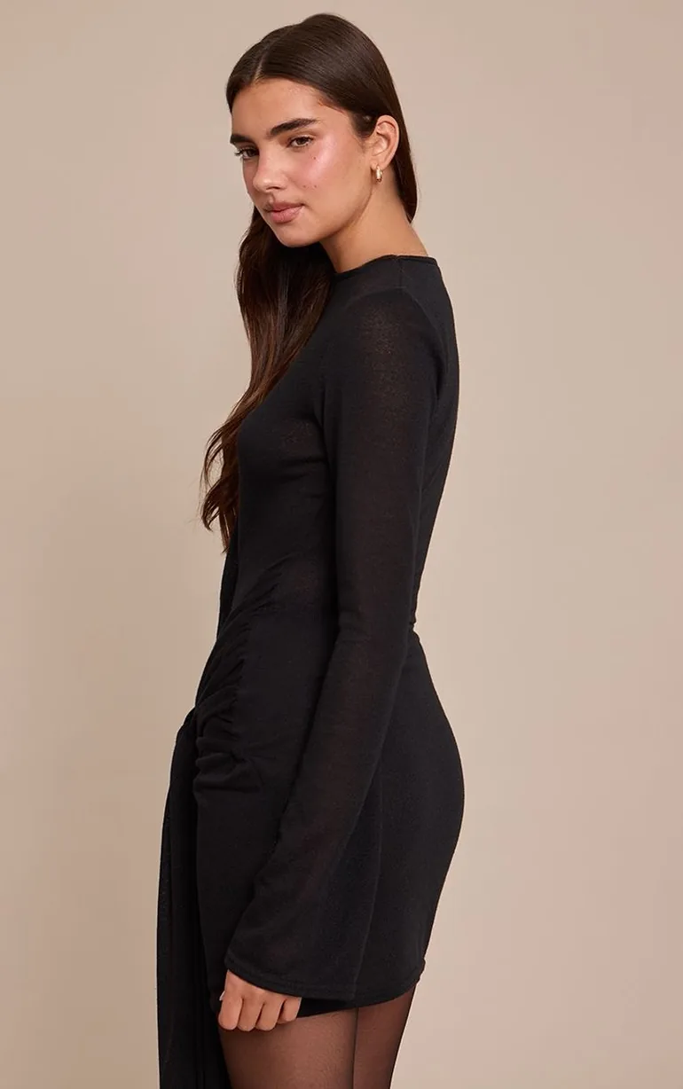 Black Textured Jersey Wrap Waist Bodycon Dress - 2