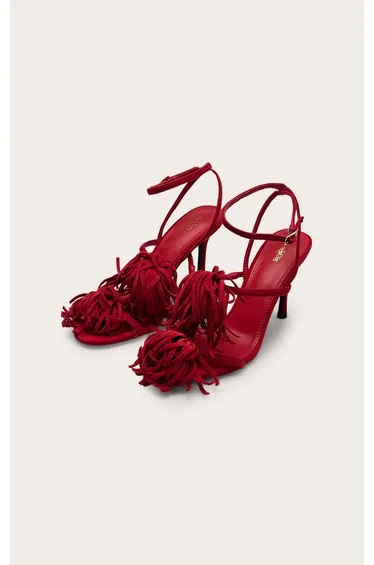 Red Fringe Trim Heeled Sandals