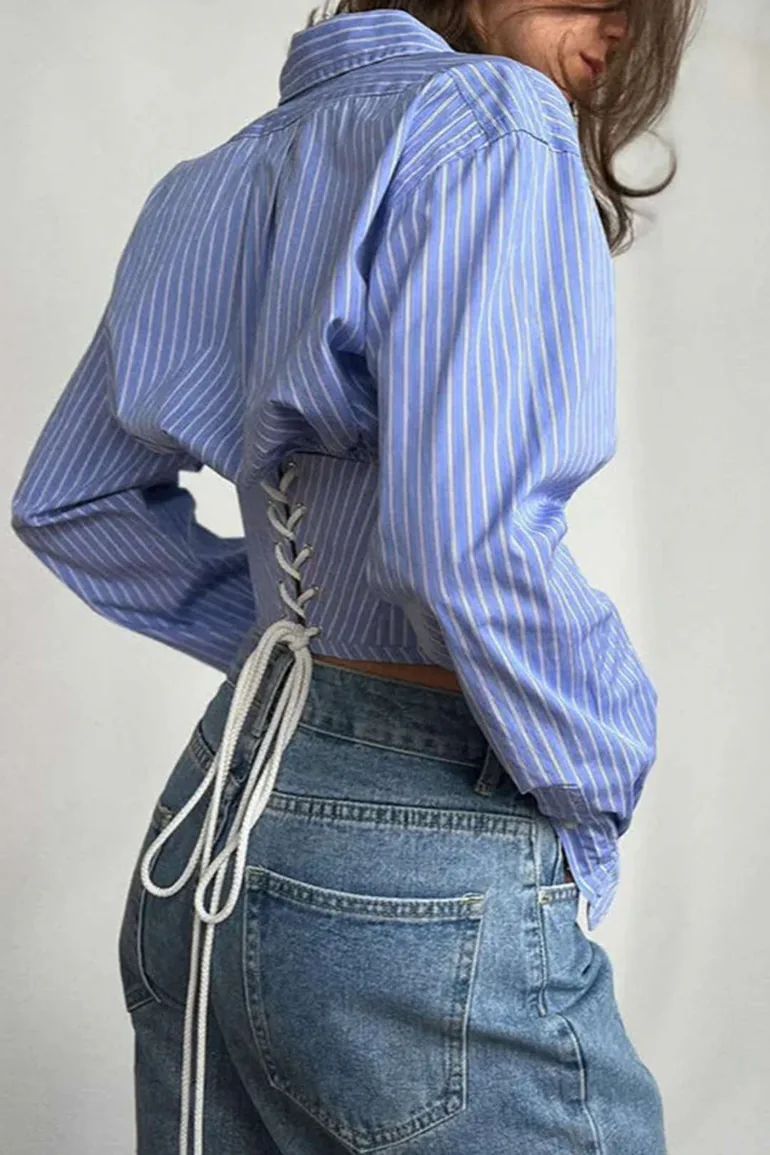 Stripes Print Tie-Back Long-Sleeve Shirt - 2