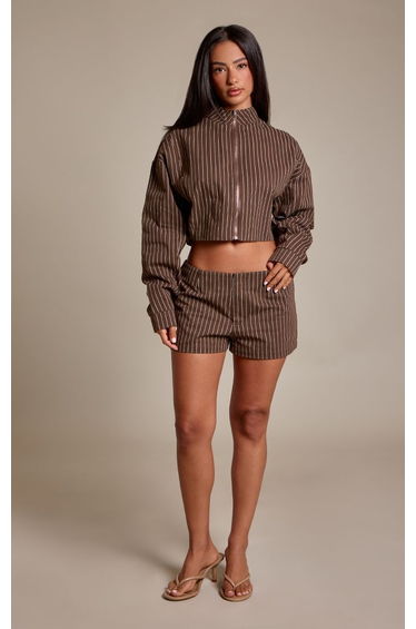 Petite Taupe Pinstripe Twill Fitted Mini Shorts
