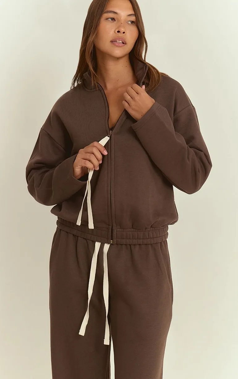 Chocolate Contrast Drawcord Funnel Neck Sweatshirt - 5