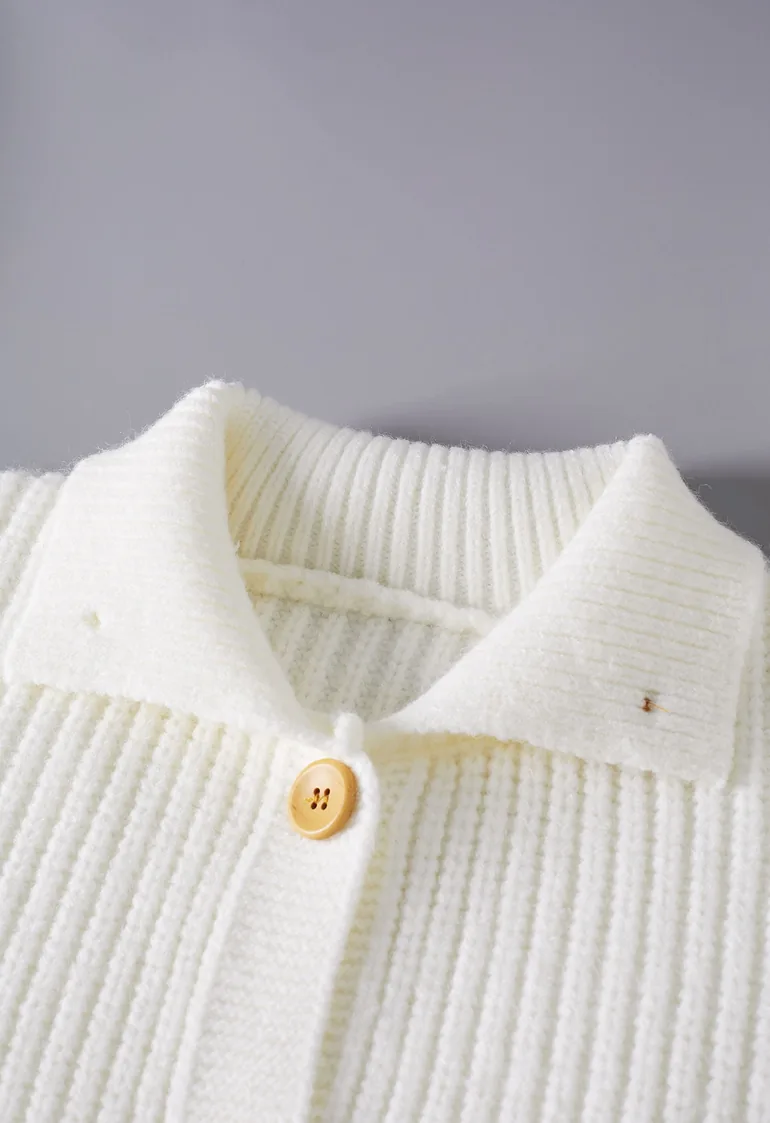 Warmth Collared Puff Sleeve Buttoned Knit Cardigan in Ivory - 5