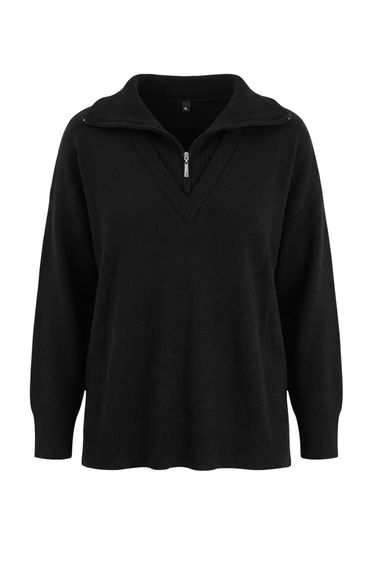 Black Turn-Down Collar Zippered Knitwear Sweater