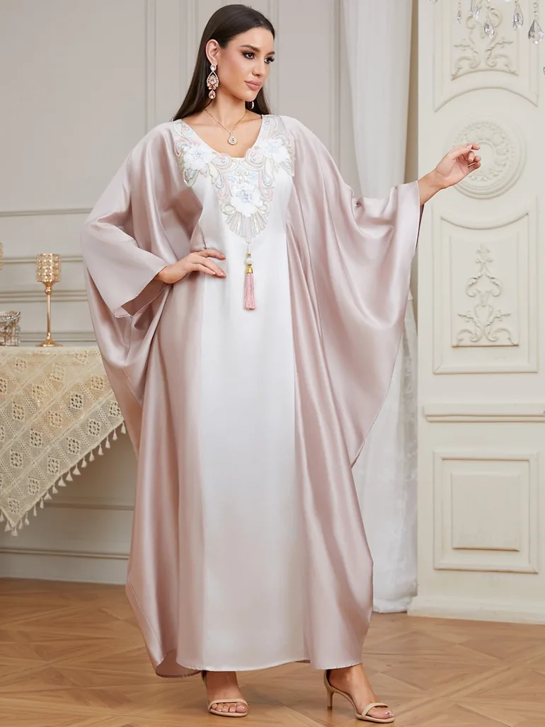 Women Satin Sequin Patch Tassel Detail Kaftan - 2