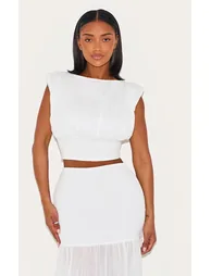 Shape White Boat Neck Shirred Cinched Waist Top - 5