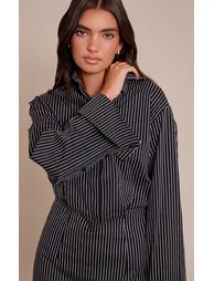 Black Pinstripe Button Down Long Sleeve Shirt Dress - 3