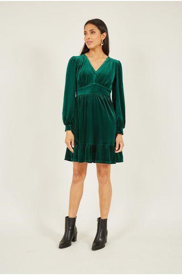 Yumi Green Velvet Long Sleeve Skater Dress