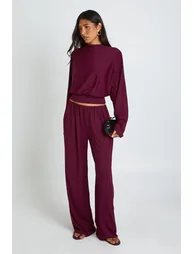Tall Matte Slinky Long Sleeve Batwing Top and Straight Leg Trouser Coord - burgundy