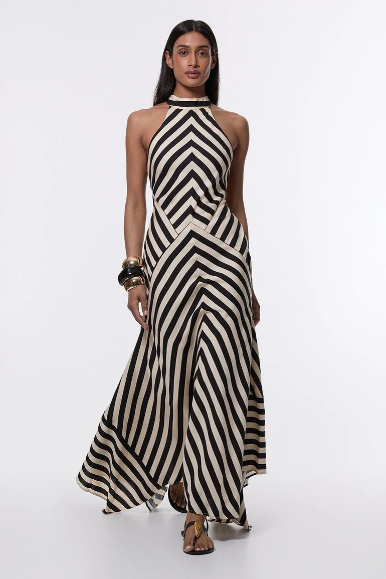 Mono Fluid Stripe Cotton Mix Woven Halter Dress