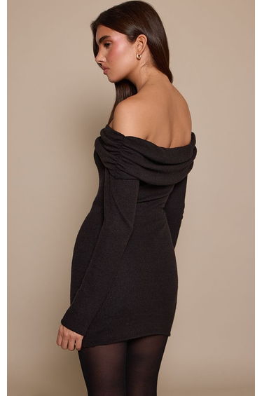 Black Brushed Rib Bardot Trim Detail Bodycon Dress product thumbnail 2