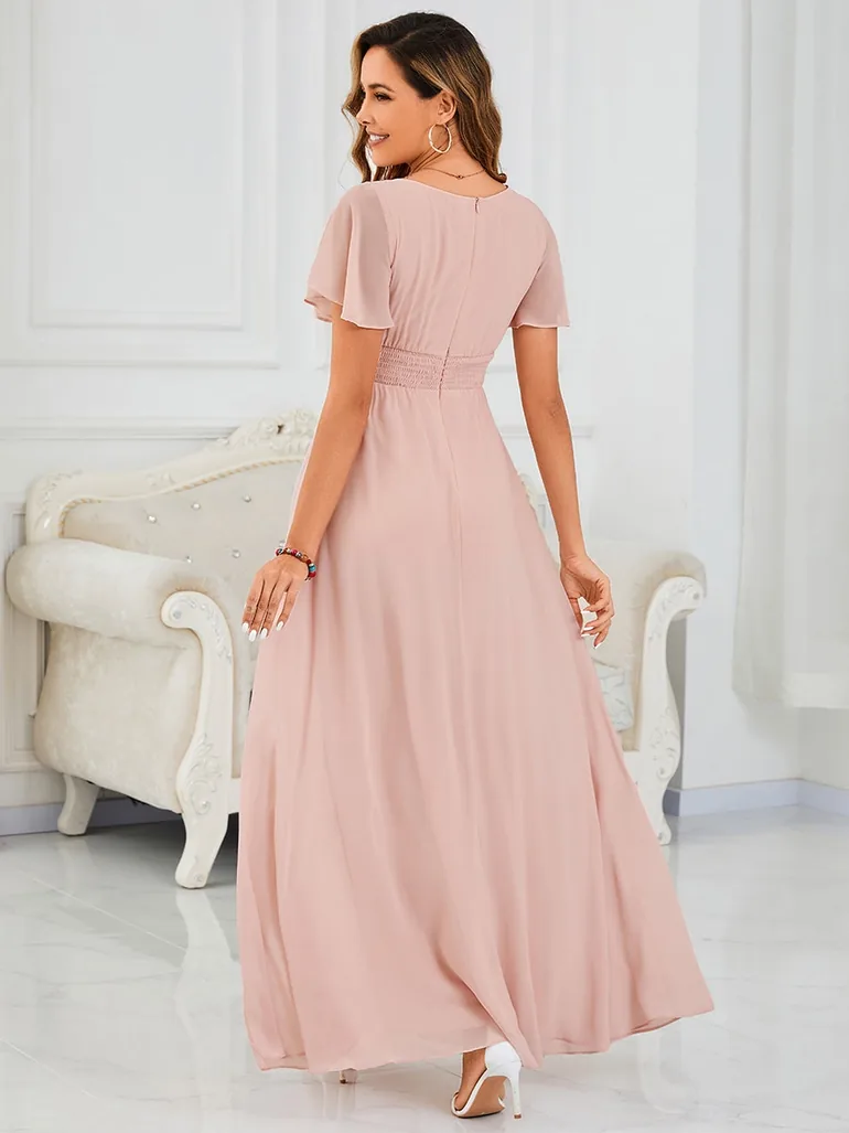 Short-Sleeve Ruffle Pleated A-Line Floor-Length Bridesmaid Dress - 1