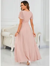 Short-Sleeve Ruffle Pleated A-Line Floor-Length Bridesmaid Dress - 1