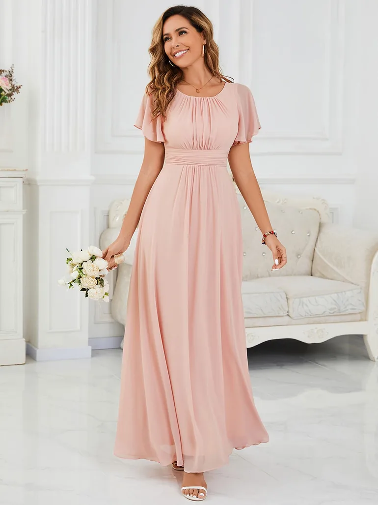 Short-Sleeve Ruffle Pleated A-Line Floor-Length Bridesmaid Dress - 2