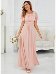 Short-Sleeve Ruffle Pleated A-Line Floor-Length Bridesmaid Dress - 2