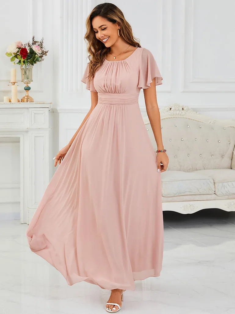 Short-Sleeve Ruffle Pleated A-Line Floor-Length Bridesmaid Dress - 3