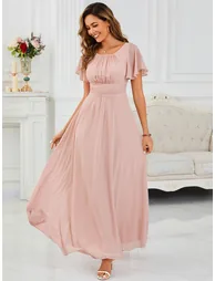 Short-Sleeve Ruffle Pleated A-Line Floor-Length Bridesmaid Dress - 3