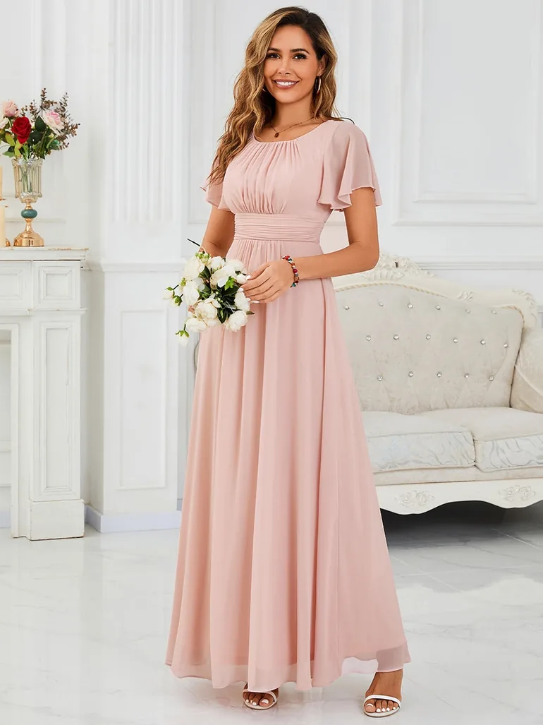 Short-Sleeve Ruffle Pleated A-Line Floor-Length Bridesmaid Dress