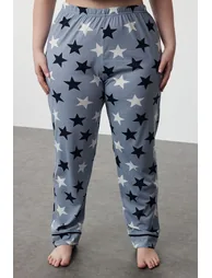 Blue Star Patterned Shirt Collar Knitted Pajama Set - 4