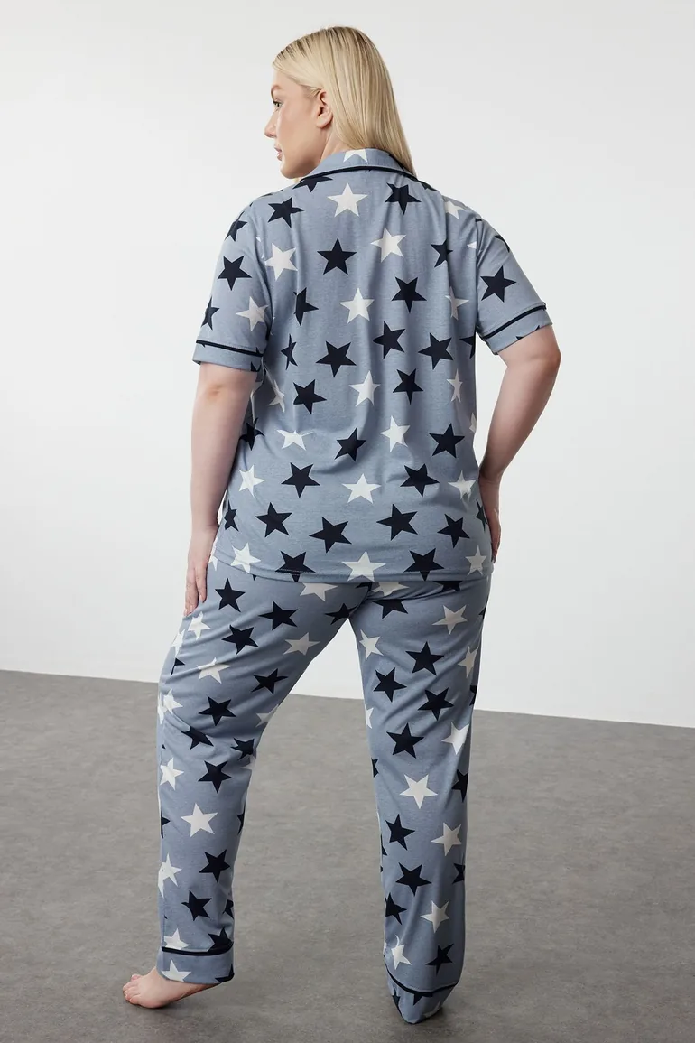 Blue Star Patterned Shirt Collar Knitted Pajama Set - 3