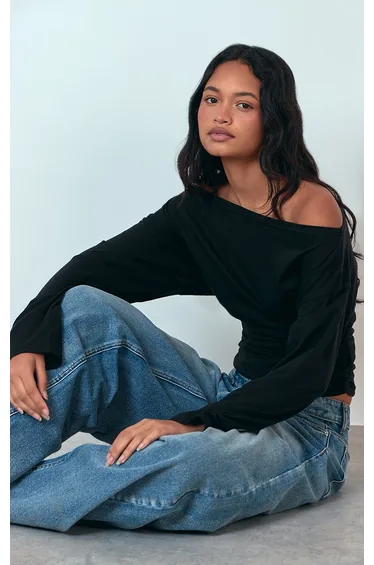 Black Cotton Slouchy Ruched Detail T-Shirt