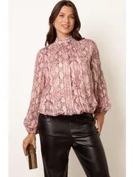 Rhinestone Snake High Neck Puff Ball Blouse