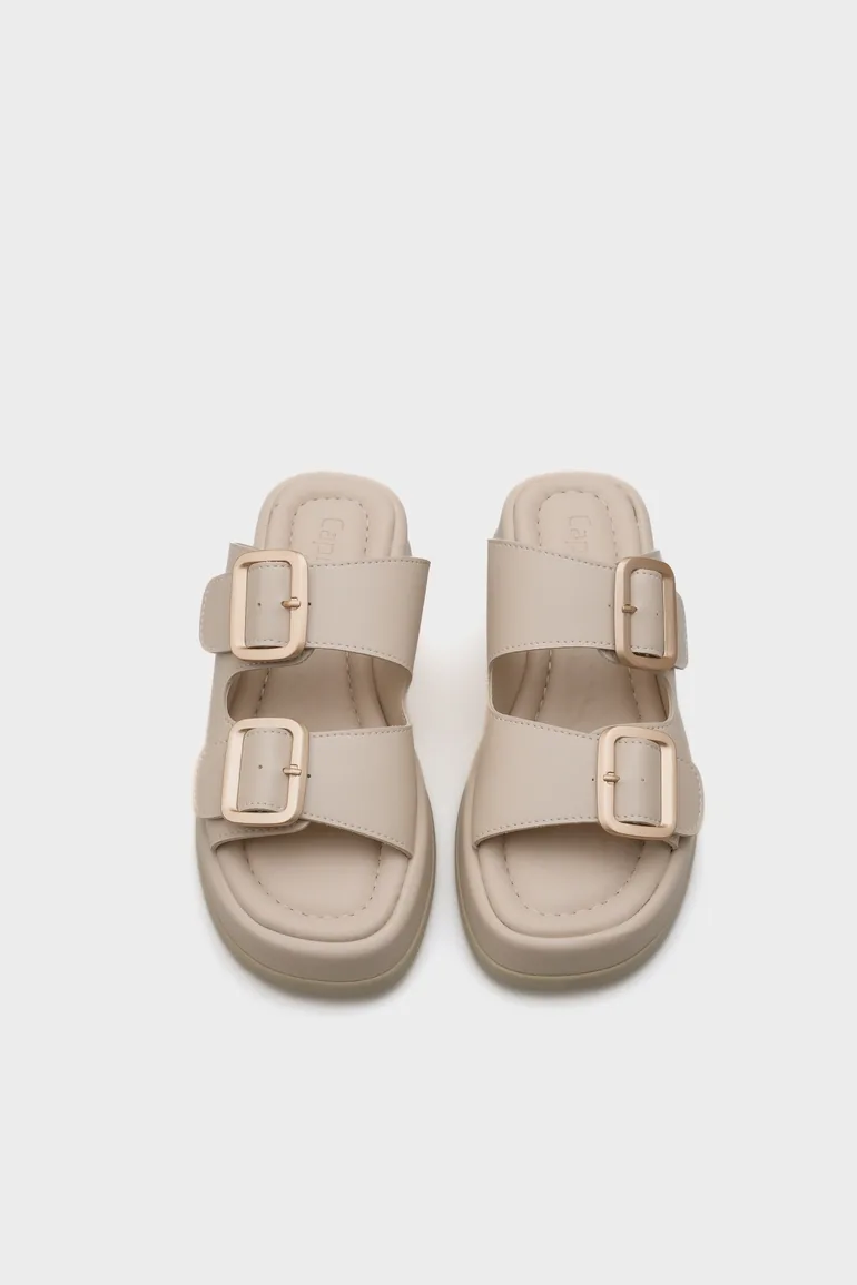 Wedge Heeled Double Banded Buckle Women's Slippers - 4