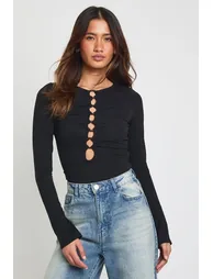 Keyhole Detailed Long Sleeve Top With Ring Trims - black - 1