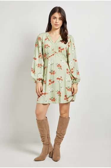 Ditsy Floral Lace Trim Long Sleeve Printed Mini Dress