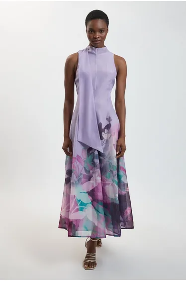 Photographic Floral Organza Scarf Detail Woven Maxi Dress