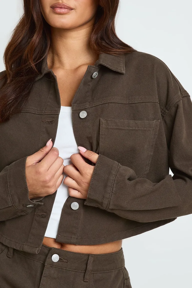 Cropped Denim Jacket - chocolate - 3
